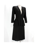 Size 6 Film Noir Cocktail - 1940s WWII Era Black Dinner Dress with Sexy Brass Chain Plunge Neckline - 40s Crepe with Peplum - Bust 34.5