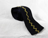 Men's Square End Tie - Navy Blue Knit Zig Zag Striped Necktie - Goldenrod Gold Yellow - Retro Mens Designer - Likely 1930s 1940s Cravat