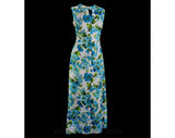Size 10 Blue Floral 70s Sun Dress - 1970s Sleeveless Maxi Long Gown - Wash & Wear Sateen - Summer Daisy Flowers - Ankle Length - Bust 37