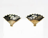 60s Asian Fan Brooch & Earrings - Black and Goldtone Metal Pin - 1960s Screwbacks - Far East Office Jewelry Gift - Mint Condition - Giftable