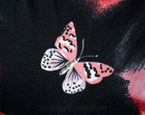 XL 1980s Butterfly Dress - Long Sheer Sleeves - Black Lilac Pink Butterflies Novelty Print - 80s Synthetic Knit - Size 22 - Bust 50 - 49319