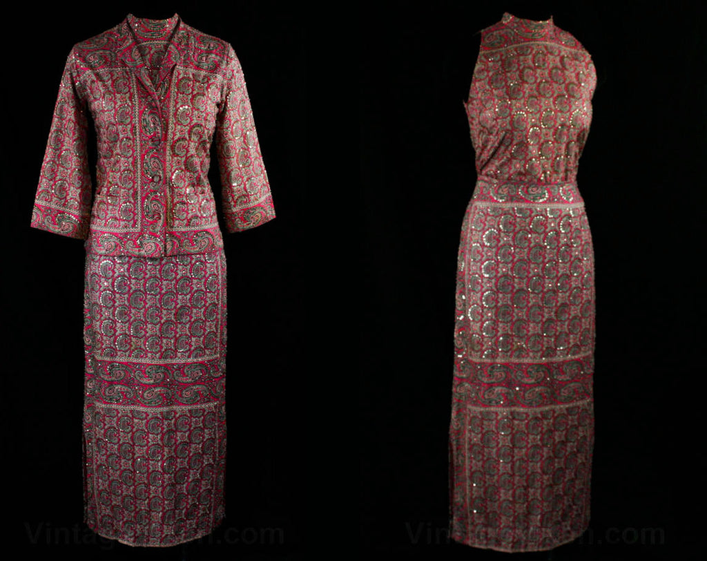 Size 4 Lolita Chic 1950s Resort Dress Set - Beads & Sequins Pink Paisley Cotton - Stage Worthy Tropical 50s Shell, Matching Jacket and Skirt