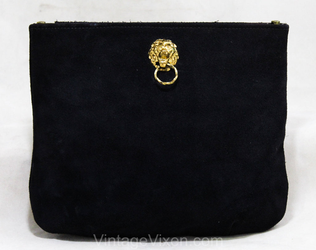 Navy Suede Clutch Bag with Lion's Heads - Dark Blue Sueded Leather Purse - Handbag without Strap - Posh Brassy Gold Lion & Door Knocker Pull