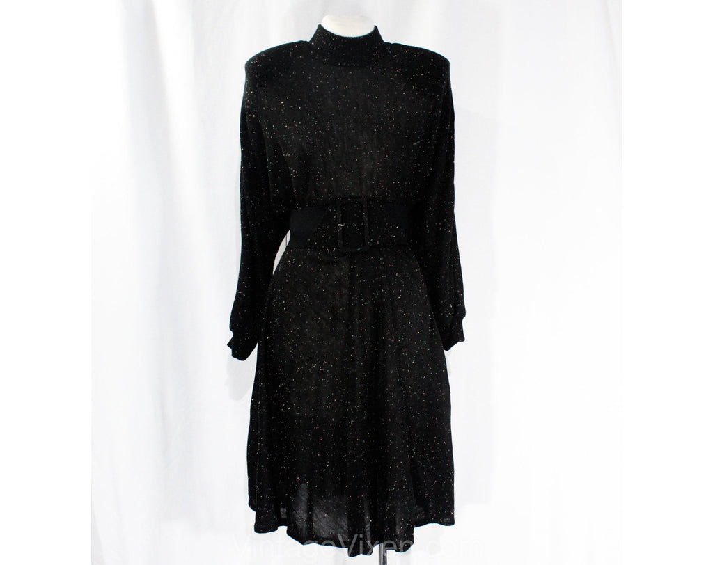 Size 8 1980s Retro Dress - Thin Black Knit with 80s Rainbow Color Confetti - 50s Look Raglan Sleeve Waspy Waist Tall Belt & Full Skirt