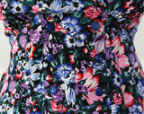 Size 8 Retro Dress - 1930s Inspired Floral Full Skirted Dress - Black Pink Purple Blue Emerald Green - 1990s Era Short Sleeve - Waist 25-29