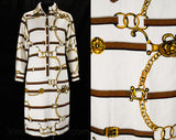 Size 6 Novelty Print 1960s Dress - Belts Buckles & Bits Striped Cotton - White Brown Red Yellow - Long Sleeved 60s Preppy Sheath - Bust 36