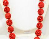 Bohemian 1970s Cinnabar Necklace - Asian Red Hand Carved Beads - Knotted with Tassel Pendant - Chic Boho 70s 80s Dramatic Chinese Jewelry