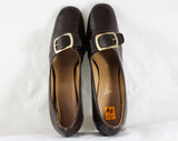 Size 8 Narrow Shoes - Unworn Classic Dark Brown Faux Reptile Leather Pumps - 60s Ruddy Reptilian Two-Tone - Buckles - 1960s Deadstock Shoe