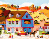 Horse Town Needlepoint Canvas - Burnt Orange Equestrian Fox Hunt Scenes - McIntyre Barn & Tack Shop - ca. 1989 Hand Made Artisan 20 x 10.75"