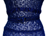 XS 1940s Cobalt Blue Dress - Gorgeous Sheer See-Through 40s 50s Rayon Knit - Ribbonwork Rhinestones & Beading - Long and Lean - Waist 24
