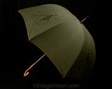 Penny Farthing Bicycle Novelty Print Umbrella - Kitsch 1960s Steampunk Army Green & Black Cotton Canvas - Bamboo - Gnarled Handle from Italy