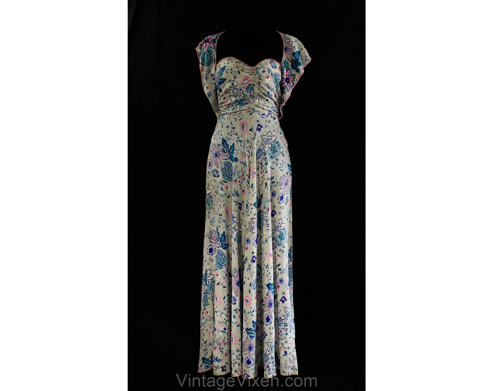 Size 6 1930s Evening Dress - Gorgeous 30s 40s Gray, Teal & Pink Floral Vintage Vixen Clothing Size 6 1930s Evening Dress - Gorgeous 30s 40s Gray, Teal & Pink Floral Vintage Vixen Clothing