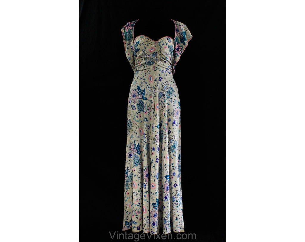 Size 6 1930s Evening Dress - Gorgeous 30s 40s Gray, Teal & Pink Floral Formal Gown with Beaded Swag Neckline - Bolero Style Strapless Silk