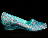 Size 7 Slippers - 1950s Glamour Girl Shoes - Turquoise Blue Dappled Brocade Boudoir Heels - Open Toe - 50s 60s Deadstock - 7AA - 47058-2