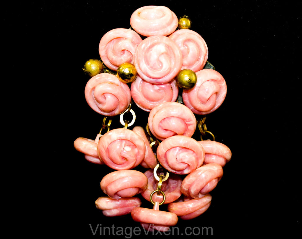 WWII Era 1930s 40s Button Brooch - Make Do & Mend World War II Rationing Handcrafted Jewelry - Authentic 1940s Pin - Pink Plastic and Brass
