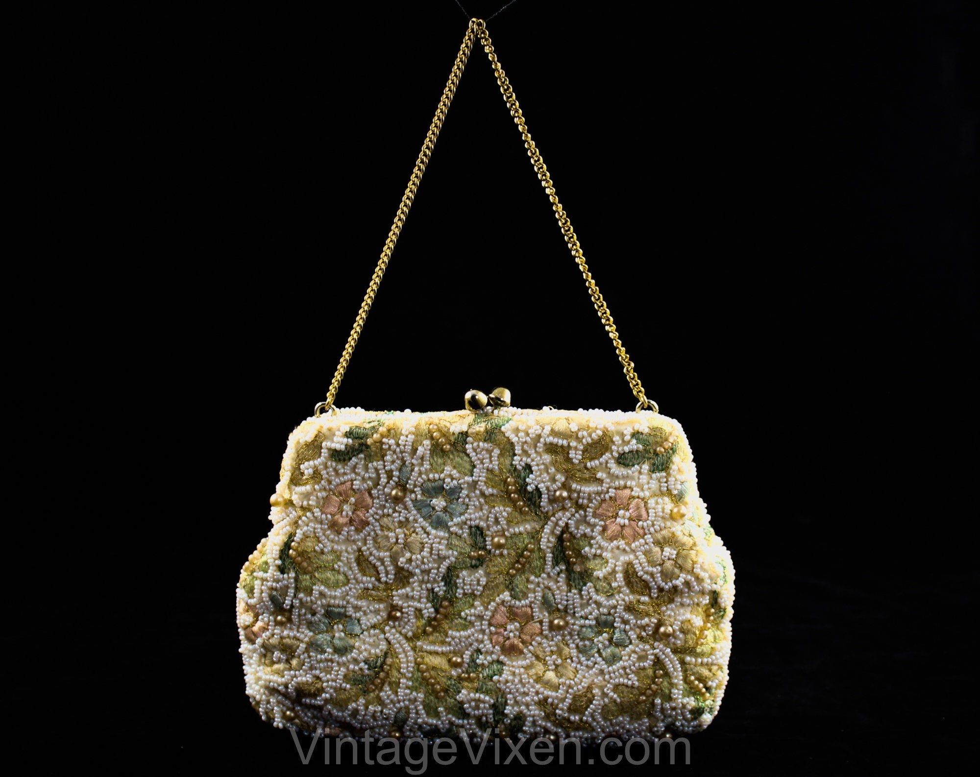 1940s 50s Pastel Beaded Evening Bag - Pearls & Embroidered Flowers Pur –  Vintage Vixen Clothing