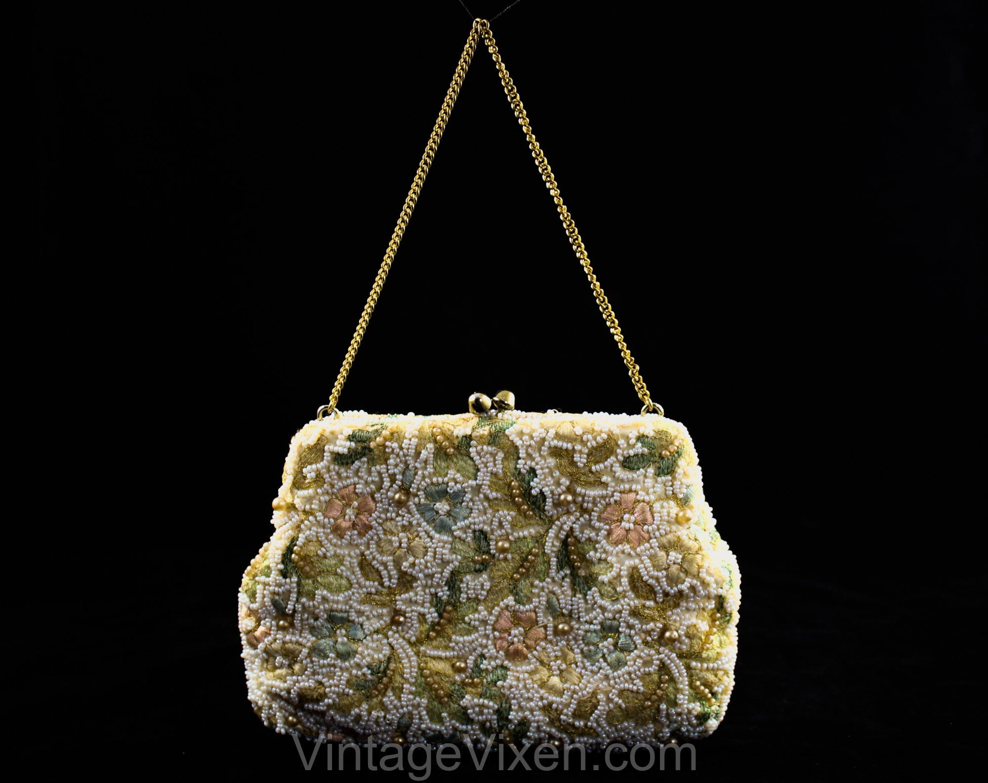 1940s 50s Pastel Beaded Evening Bag - Pearls & Embroidered Flowers