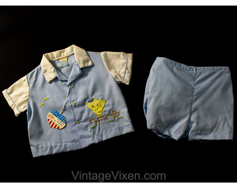Cute 1960s Boys Shorts Set - Pale Blue Summer Outfit with Little Bird Embroidery - Size 12 Months 60s 70s Deadstock - Plastic Diaper Lining