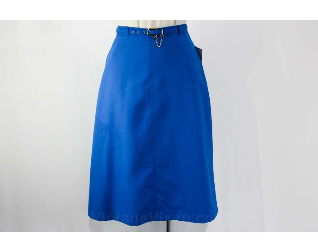 Size 6 Blue Skirt - Small Vivid Blue Tailored 1980s Secretary A-Line - Nautical Flag Blue - Chic Brass Belt - Waist 25.5 - NWT Deadstock