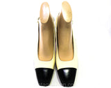 Size 9.5 Ferragamo Shoes - Fine Quality Designer Slingback Pumps - 9 1/2 AA Narrow Bone & Black Two Tone Heels - Leather Toe Caps - Gorgeous