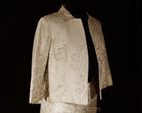 Size 6 Silk Suit - 1960s Neutral Jacquard Cocktail Jacket & Skirt - Small 60s Tailored Formal Ensemble - Ecru Bone Ivory Beige - Waist 26