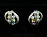 Aurora Borealis Leaf Earrings - 1950s - 1960s - Flashy - Fiery Rhinestones - Leafy Motif - Elegant - Mint Condition - Gift Idea - 42439