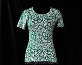 XXXS 1970s T Shirt - Emerald Green & White Tropical Flowers Cotton Jersey Knit Tee - Girls Size 12 - Top Quality Made in Italy - Bust 30.5