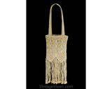 Hippie Shoulder Bag - Beige Neutral Macrame Style Purse - 1990s Does 1970s Sandy Cotton Cord with Wooden Beads and Long Fringe - Zipper Top