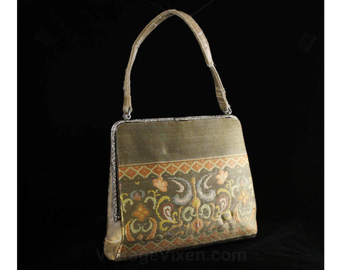 Special 50s Evening Purse - Gold & Floral Metallic Satin Brocade 1950s Formal Bag - Elegant Flourish Motif Handbag - Cinderella Blue Lining