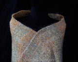 Beige & Blue Mohair Shawl - Hand Woven Woolly Boucle Yarn Wrap - Large Rectangular Shape - Couch Blanket Throw - Fuzzy Lofty Yarn Fringe