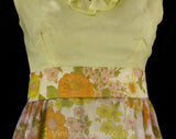 Size 6 Garden Party Dress - 60s Yellow Floral Empire Gown with Hippie Era Flower Print - Sleeveless Ruffle Neckline & Raised Waist - Bust 34