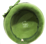 Charming 1960s Olive Hat - Avocado Green Velour Breton Bowl Hat with Grosgrain Bow - Audrey 60s Spring Fall Chic - Imported Fur Fiber