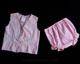 Pink Baby Outfit - Retro Top & Panty with Embroidered Ducks and Basket - Size 3 to 6 Months - Infants Summer Cotton - Bloomers - 29842-1