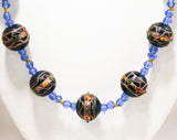 Venetian Glass Bead Necklace - 30s 40s 50s Art Glass Wedding Cake Beads - Rich Blue Emerald Green & Metallic Gold - Venice Italy Artisan