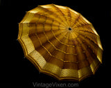 1910s Brown Umbrella - Mocha & Metallic Gold 10s 20s Parasol - Rayon Brocade with Bamboo Shaft and Clear Lucite Handle - Beautiful Style