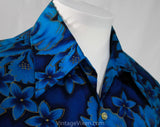 Men's Small Hawaiian Style Shirt - 50s Turquoise Blue & Metallic Gold Hibiscus Print - Short Sleeve Summer 1950s California Label - Chest 38
