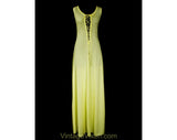 Size 2 Sexy 60s Nightgown - Sleeveless Yellow 1960s 70s Summer Nightie with Plunge Slit to Waist & Lace Up Tie - Ankle Length - Bust 32 34