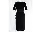 Size 6 Black 1950s Cocktail Dress - Small Marilyn Style 50s Fitted Crepe Bombshell with Pleated Taffeta Torso & Rhinestone Swag - Waist 26