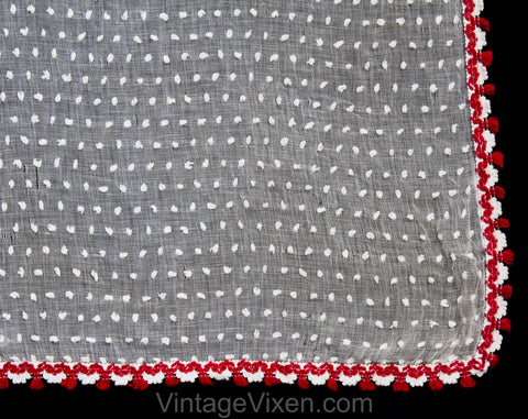 1930s Kitchen Curtain Panel - Authentic 30s White Cotton Chenille Cheesecloth with Red Tassel Fringe Trim - As Is - Quaint Country Home Chic