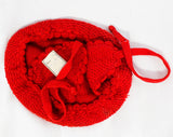1950s Child's Hat - 40s 50s Girl's Red Winter Knit Cap with Fur Pom Pom & Ear Flaps - Age 2 to 4 NWT Deadstock - Topknot - Ties Under Chin