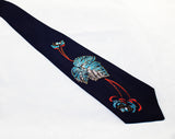 1940s Men's Hand Painted Tie with Luminous Mica Novelty Print - 40s Navy Rayon Necktie - Botanical Leaves Flowers - Rouge Red Gold Sky Blue