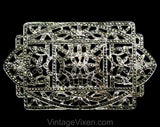 1920s Art Deco Sterling Brooch - Authentic 20s Flapper Era Silver Pin - Cutwork Rectangular Design with Marcasite Stones - Gorgeous Sash Pin