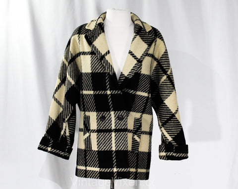 Size 10 Oversized Plaid Wool Coat - Street Chic 1990s Jacket - Black & Beige Medium Size 80s 90s Hip Length Overcoat with Pockets - Bust 42