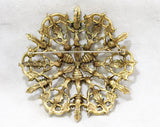 Huge 1960s Baroque Brooch - Marbleized Coral Orange & Rhinestones - 50s 60s Round Pin - Antique Style Gold Tone Metal - Emmons - 50482