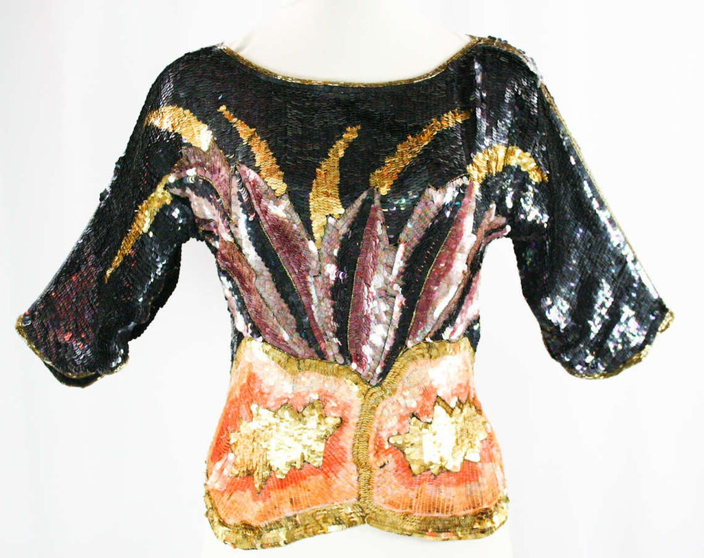Size 6 Gorgeous 1980s Sequins Top - Formal 80s Sequined Art Deco Botanical Leaves Party Blouse - Small Luxe Boho Evening - Bust 38 - Hip 36
