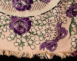 1940s Easter Bonnet Rayon Scarf - 40s Purple & Pink Roses Hat Novelty Print - Spring Lily of the Valley - Ribbons Bows - Rectangular - 49655