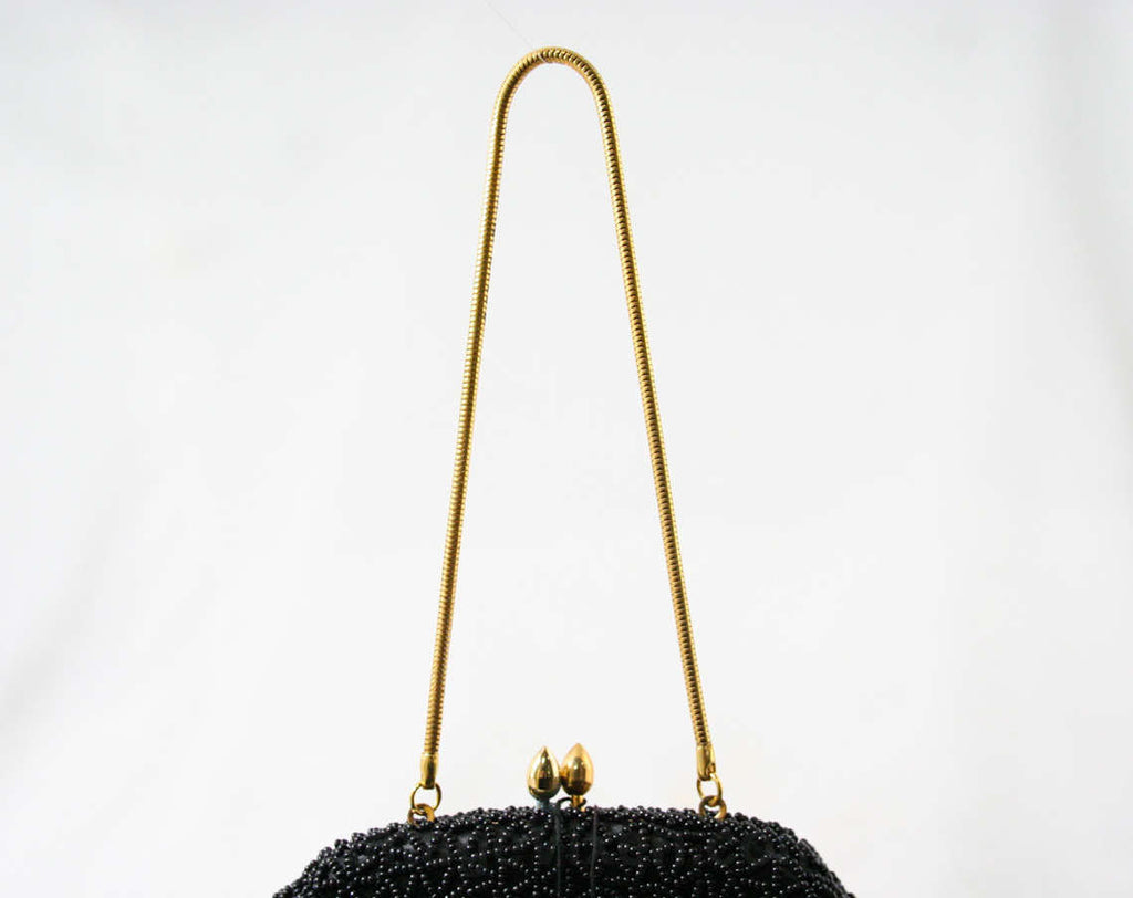 Black Floral Beaded Handbag 1960s Evening Bag
