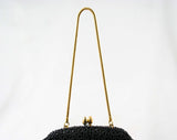 Black Caviar Beaded Evening Bag by Delill - 1960s Formal Purse - Round Handbag - Original 60s Tag & Box - NWT - Hand Beading - 43357