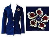 Size 12 Navy Polyester Jacket & Gypsy Style Brooch - 1970s Dark Blue Suit Blazer - Hand Painted Daisy Flower Pin - West Germany - Bust 40.5
