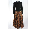 Size 8 Gypsy Dress - 1970s Black Jersey Knit & Brown Afro Chic Cotton - 70s Bohemian Style - Long Sleeve - Flare Full Skirt - Waist to 27